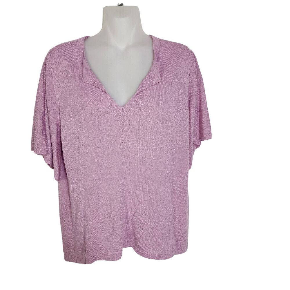 Ann Taylor LOFT Womens Top Medium Purple V Neck Short Sleeve Hi Low Ribbed Rayon